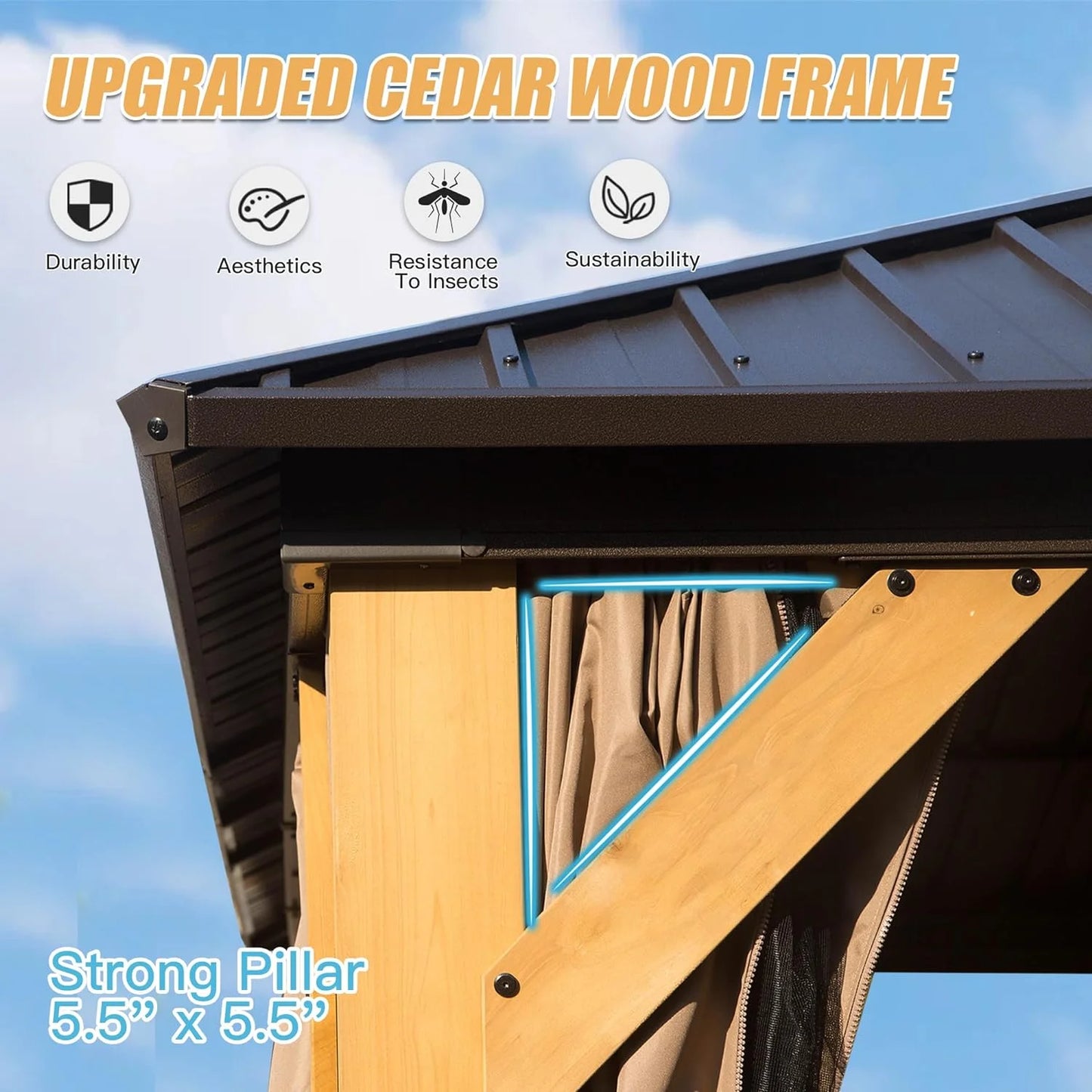 Mondawe 12'x20' Hardtop Gazebo, Outdoor Cedar Wood Frame Canopy with Galvanized Steel Double Roof, Outdoor Permanent Metal Pavilion with Curtains and Netting for Patio, Backyard and Lawn(Brown)