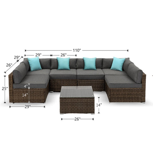 COSIEST 7-Piece 6-Seats Outdoor Brown Wicker Patio Sectional Sofa Set with Coffee Table