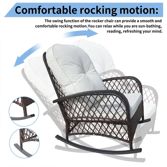 Furniture One 2 Piece Outdoor Wicker Rocking Chair, Patio Rattan Rocker Chair with Cushions & Steel Frame, All-Weather Rocking Lawn Wicker Furniture for Garden Backyard Porch