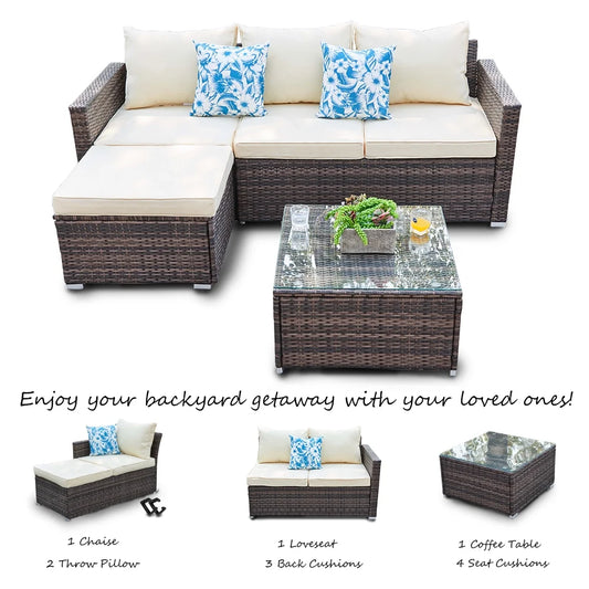 SUNTONE Patio Sectional Set - 3 Pieces Outdoor Conversation Set Wicker Rattan Outdoor Furniture Sofa with Table, Beige