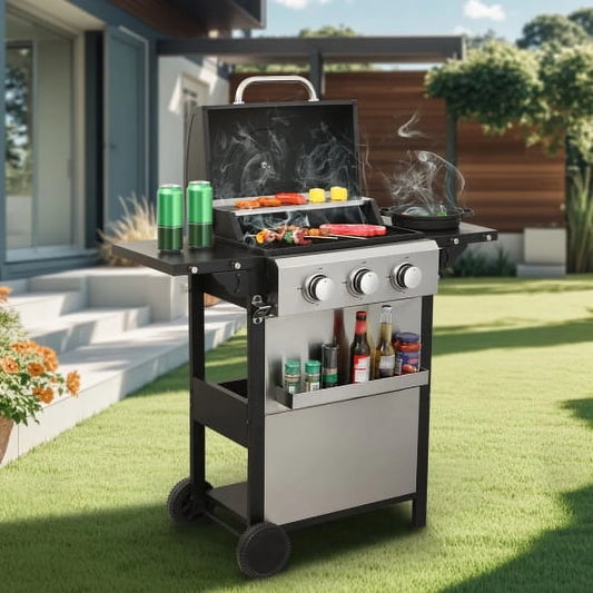 Yiweny 3 Burner BBQ Propane Gas Grill, Stainless Steel 25650 BTU Patio Garden Barbecue Grill with Bottle Opener, Two Foldable Side Shelves & Thermometer, Perfect for Camping, Outdoor Cooking.