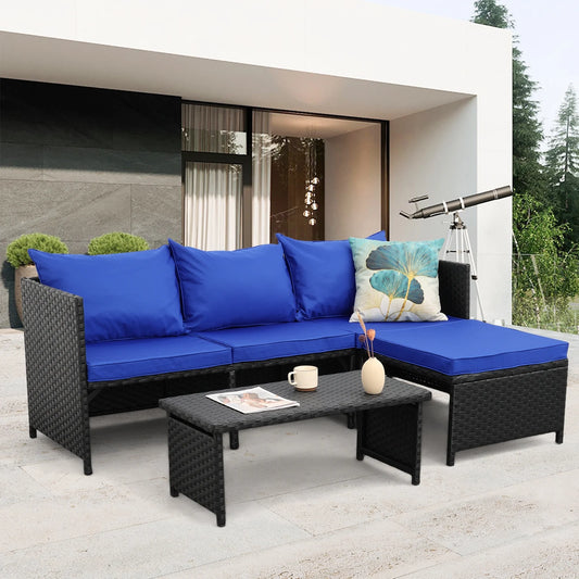 Waroom Outdoor Furniture Set 3 Pieces Patio Wicker Conversation Chairs and Coffee Table, Royal Blue
