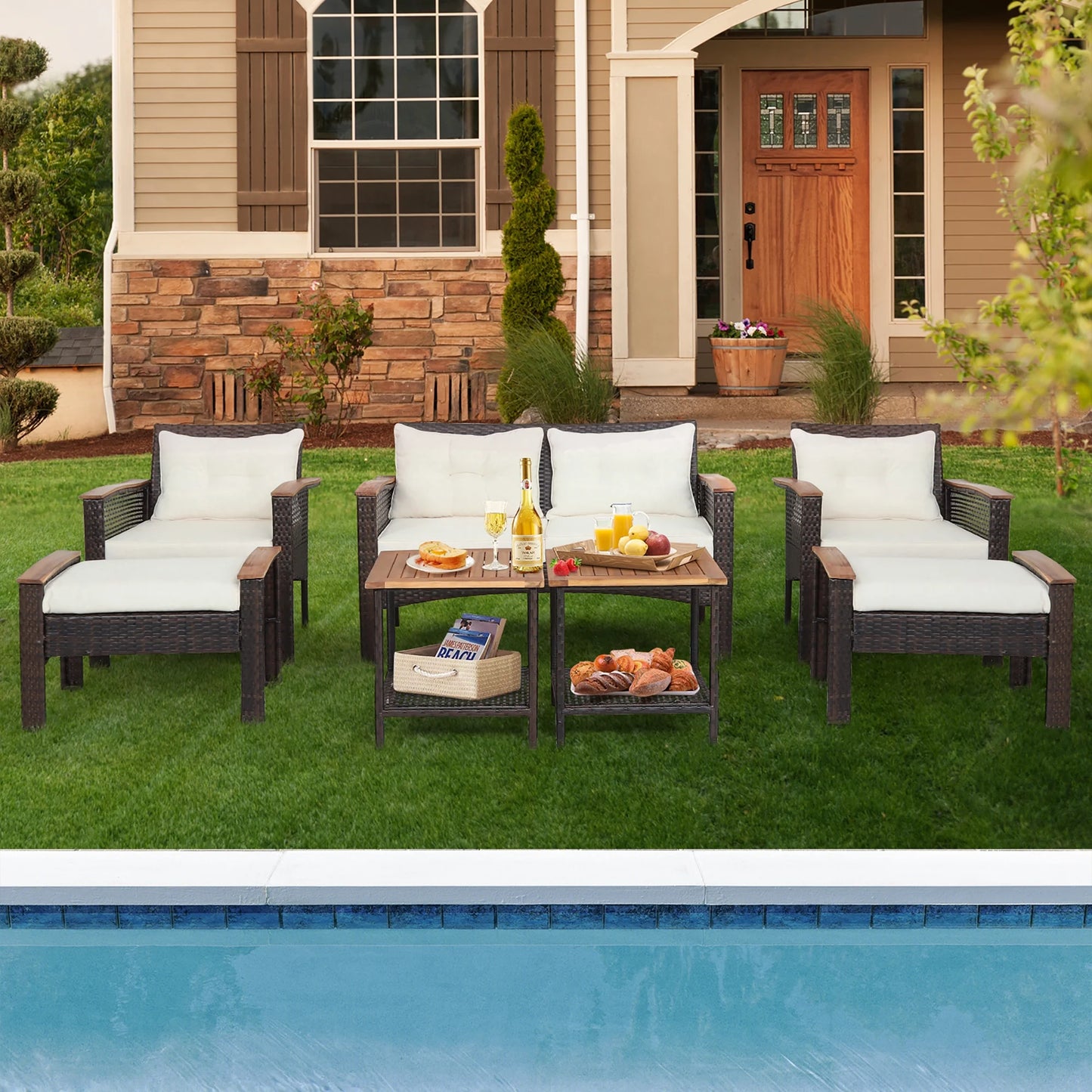 Gymax 7PCS Patio Rattan Sofa Set Outdoor Wicker Conversation Set w/Coffee Tables