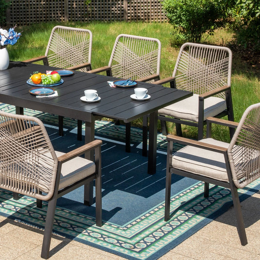 Summit Living 9-Piece Outdoor Dining Set with 8 Cushioned Patio Rattan Chairs and Large Extendable Table, Black and Beige