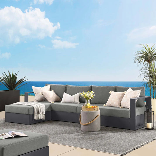 Modular Lounge Sectional Sofa Set, Grey Gray, Aluminum Metal, Outdoor Patio Balcony Cafe Bistro Garden Hospitality Restaurant, Modern Contemporary HB36639