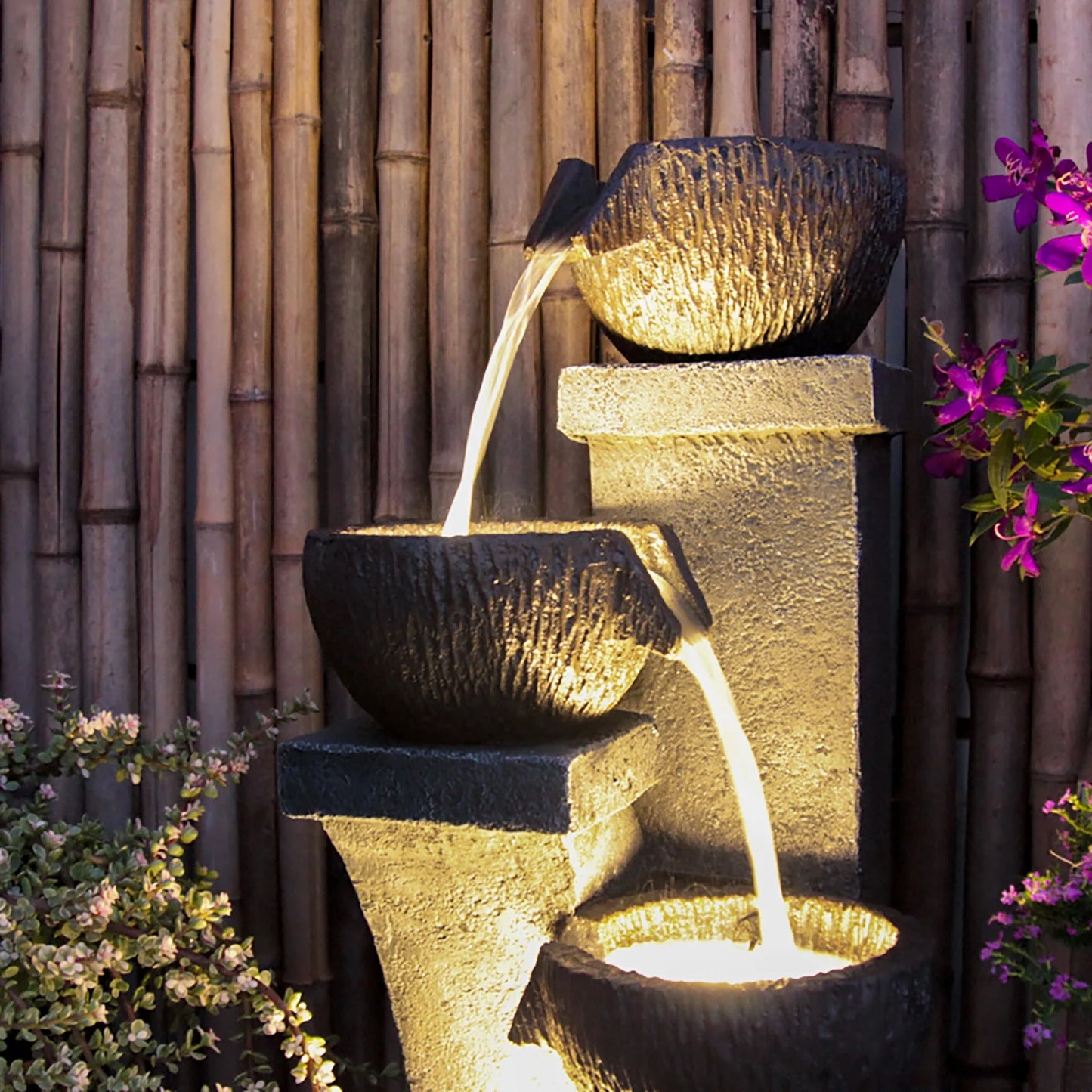 37.4 in. H Outdoor Water Fountain with 4 Crocks, Modern LED Lighted Garden Floor Fountain for Patios and Yards - Durable Resin Water Feature with Cascading Waterfall Design for Indoor/Outdoor Dcor