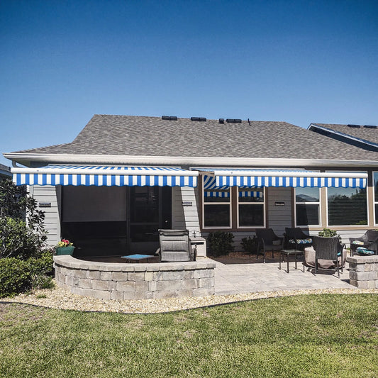 Awntech 10 Ft Key West Manual Heavy Duty Patio Retractable Awning with Cassette (120in x 9.38in x 96in), Bright Blue/White Stripe