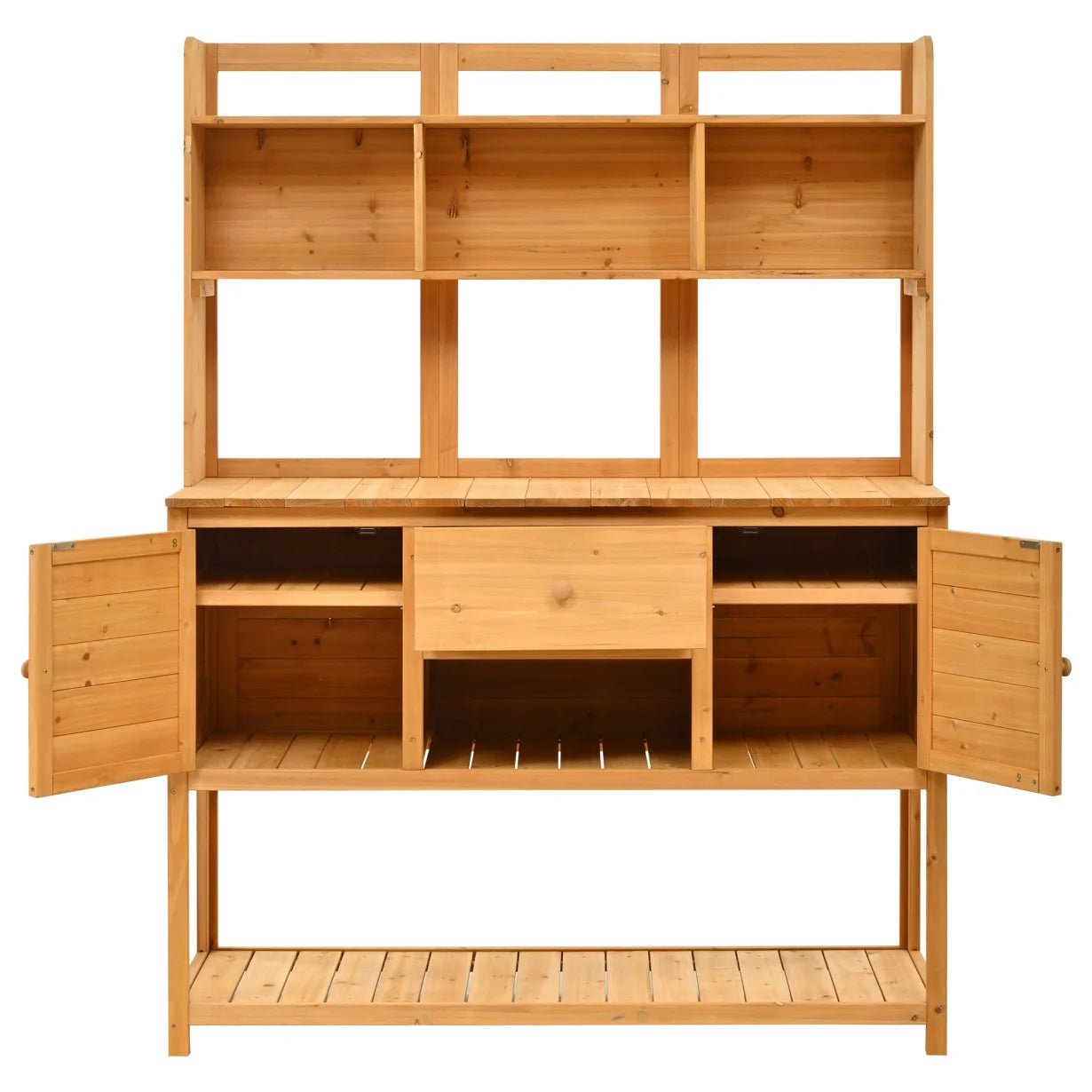 Garden Potting Bench Table with Hutch, Patio Storage Workstation with Adjustable Shelves, 1 Drawer, 2 Cabinets and 3 Side Hooks for Mudroom, Doorway, White
