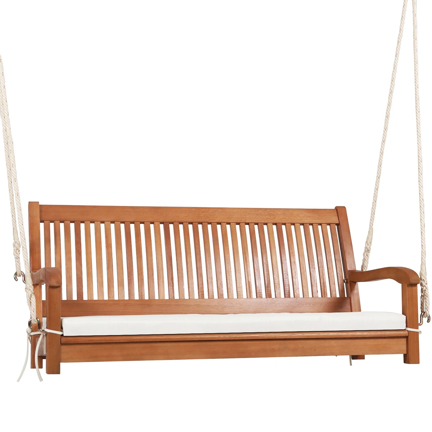 Gymax 2-Seat Patio Hanging Wooden Porch Swing Bench w/Cushion & Hanging Ropes