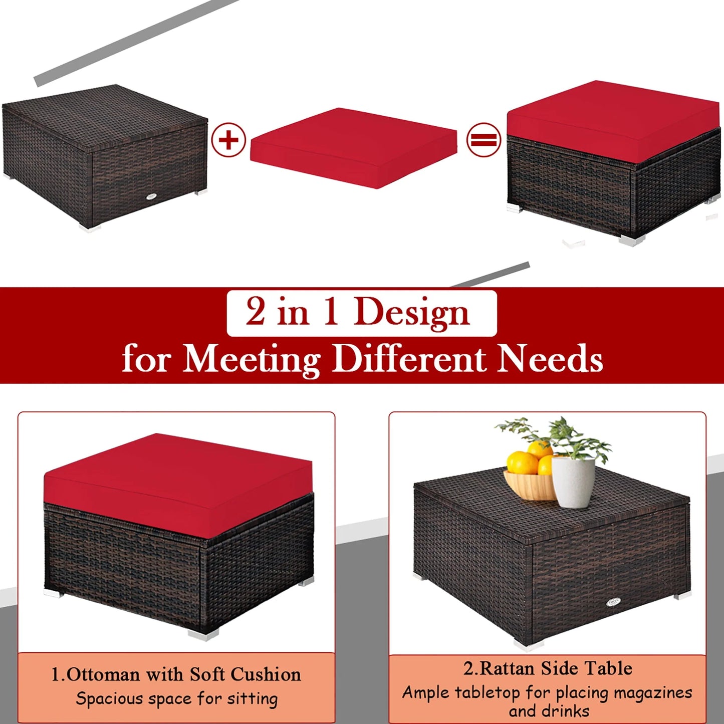 Costway 5PCS Patio Rattan Furniture Set Sectional Conversation Set Ottoman Table Red
