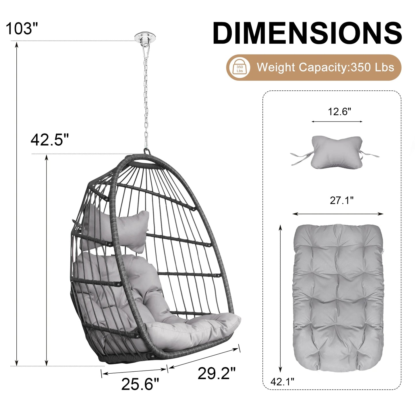 RADIATA Hanging Egg Chair Without Stand, Dark Gray Wicker Swing Egg Chair with Cushion, 350 lbs Capacity, Indoor Outdoor Ceiling or Tree Hanging Chair for Patio, Bedroom, Porch