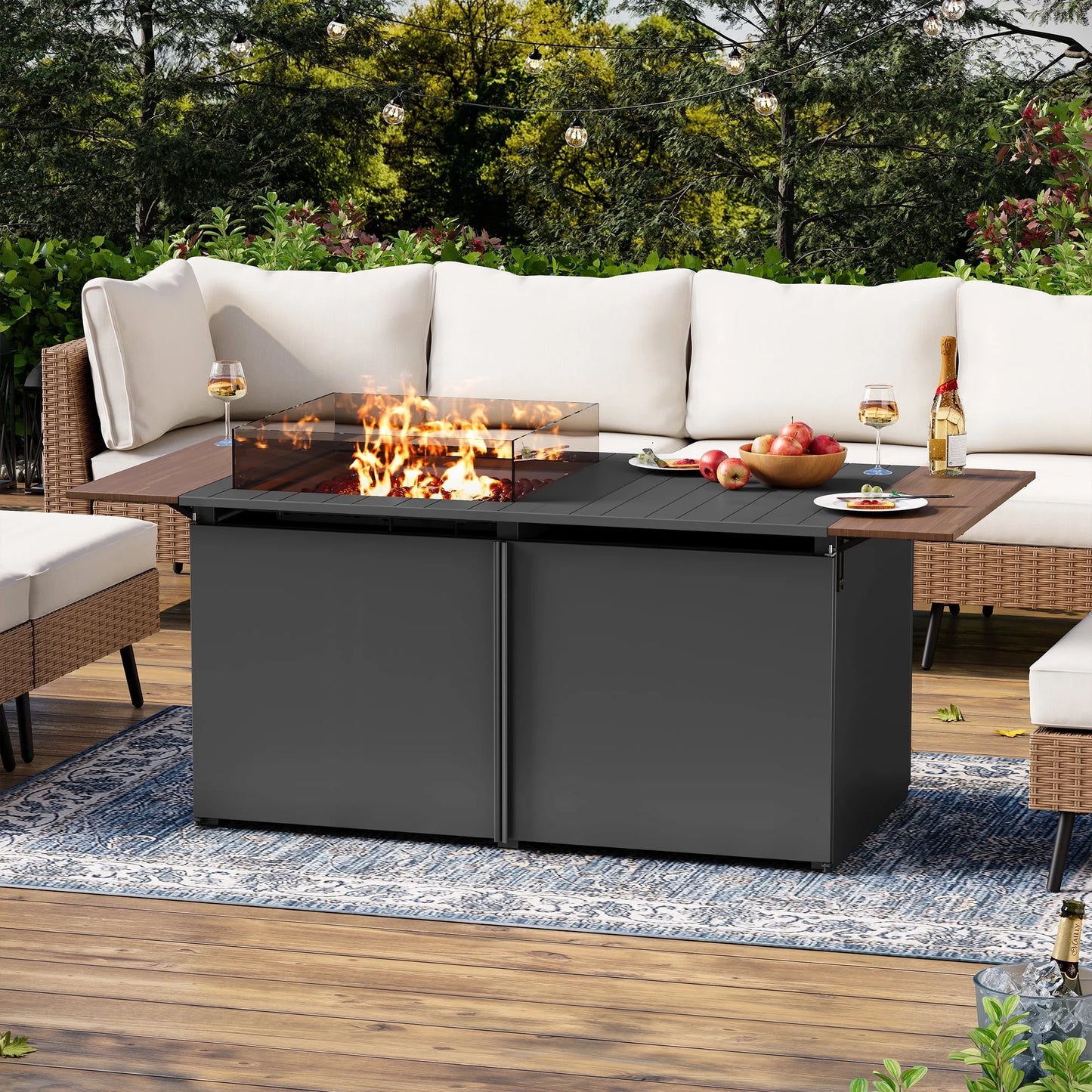 LAUSAINT HOME 43" Outdoor Fire Pit Table , 55,000 BTU Patio Propane Fire Pit with Wood Grain Tabletop & Wind Guard, Black