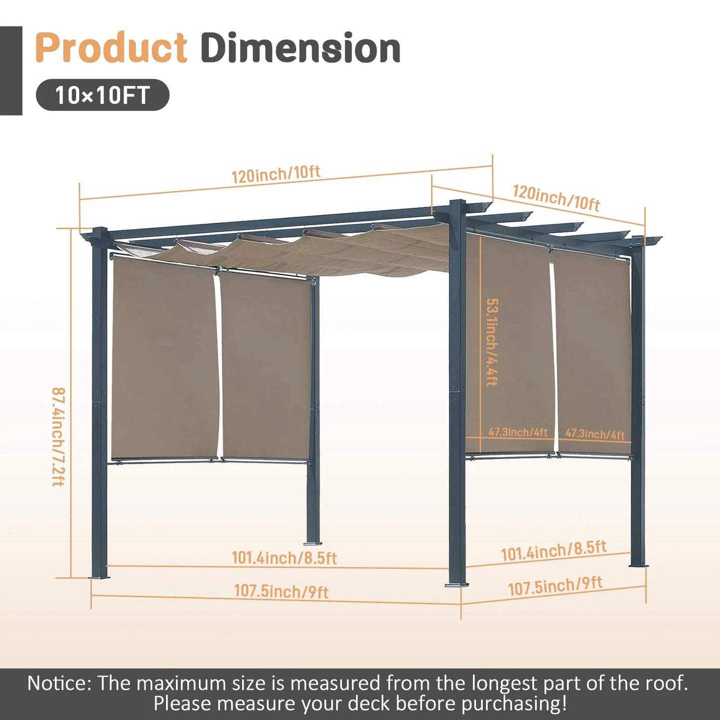 BPS 10'x10' Outdoor Retractable Pergola with Sun Shade Canopy & Curtains, Patio Aluminum Pergola Gazebos for Backyard Deck Garden, Dark Gray