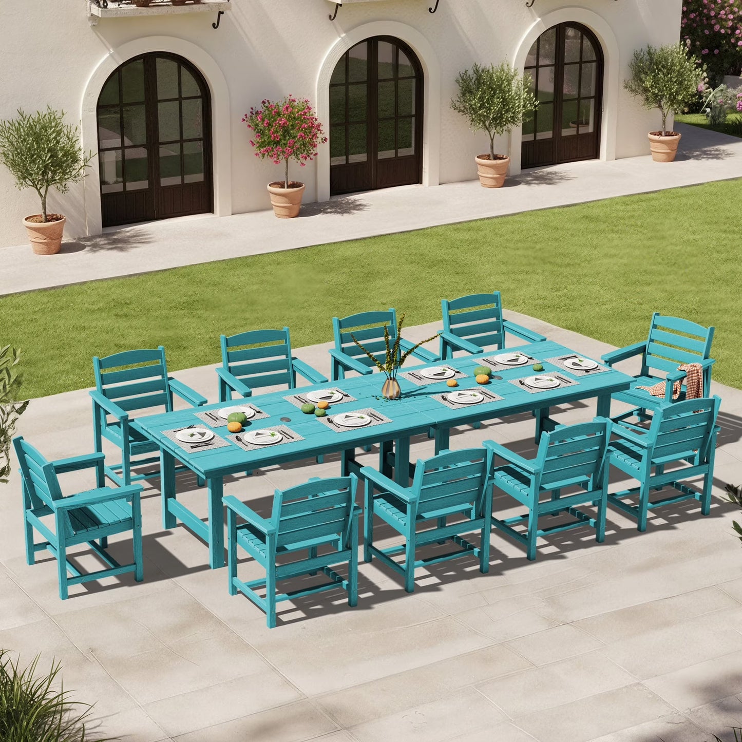 KINGYES 7-Piece Outdoor Dining Set, HDPE Patio Table and Chairs with Umbrella Hole, Gray