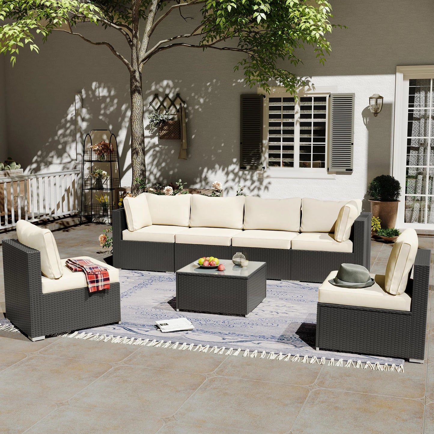 LAUSAINT HOME 7 Pieces Patio Conversation Set, Outdoor Sectional PE Rattan Wicker Furniture Seat (Beige)