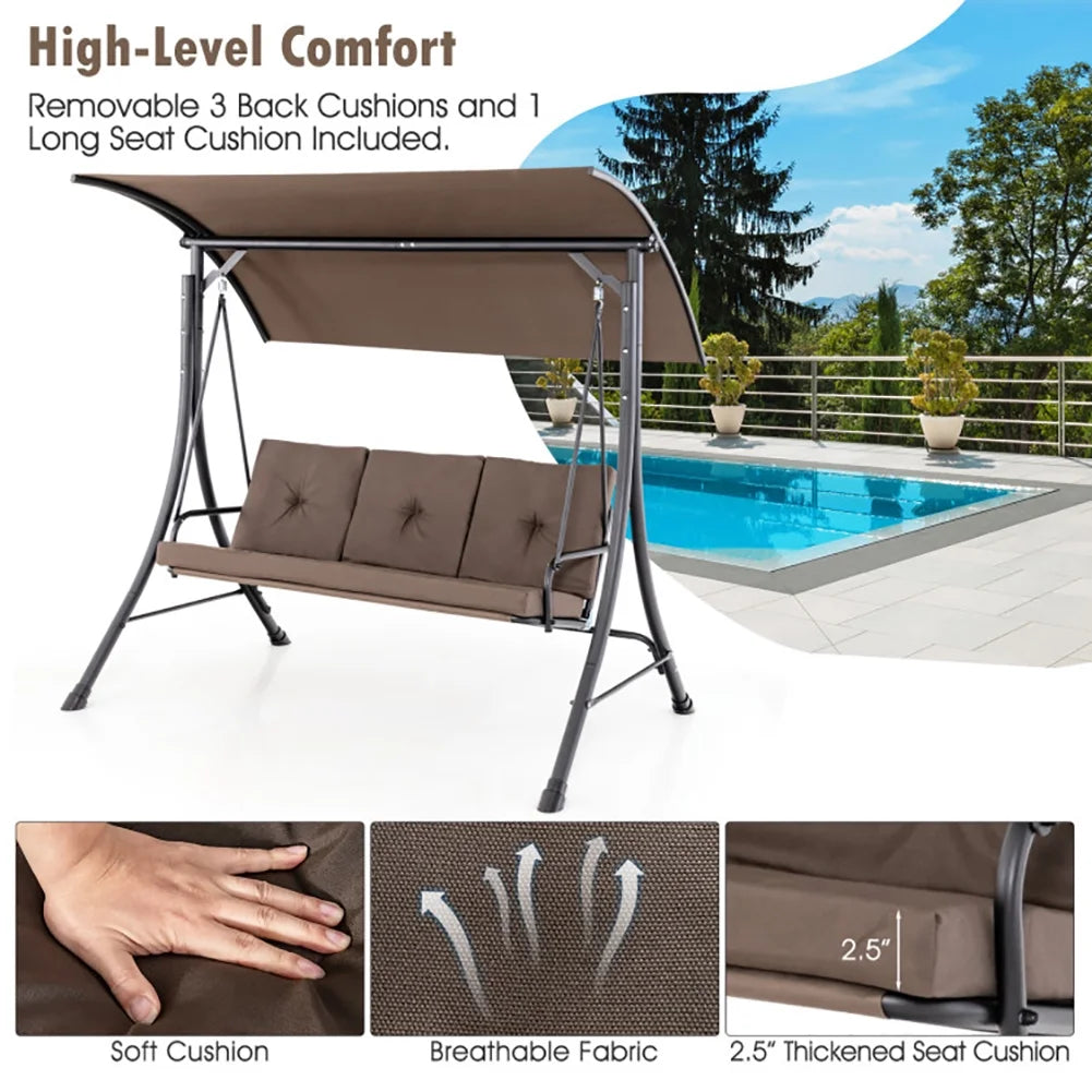 Yardi Yard 3-Seat Outdoor Porch Swing with Adjustable Canopy and Padded Cushions-Brown for Front Porch, Poolside, Patio, Backyard