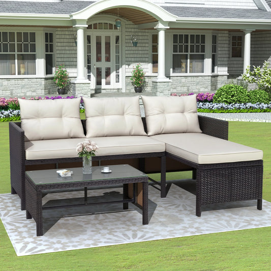 ENYOPRO 3 PCS Patio Sectional Sofa Conversation Set, All Weather Rattan Patio Furniture Set, Brown Outdoor Chaise Lounge Set with Cushion and Table, Deck Backyard Porch Furniture, JA1819