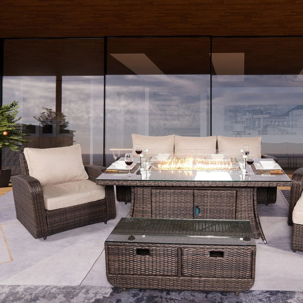 Direct Wicker 6-Piece Outdoor Patio Furniture Set with 72" Gas Propane Fire Pit Table Rattan Sectional Sofa Conversation Sets, Brown