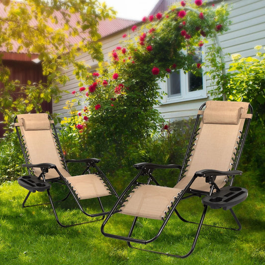 Nazhura Set of 2 Relaxing Recliners Patio Chairs Adjustable Steel Mesh Zero Gravity Lounge Chair Recliners with Pillow and Cup Holder (Khaki)