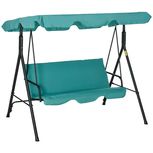 Outsunny 3-Seat Outdoor Patio Swing Chair with Removable Cushion, Steel Frame Stand and Adjustable Tilt Canopy for Patio, Garden, Poolside, Balcony, Backyard, Green