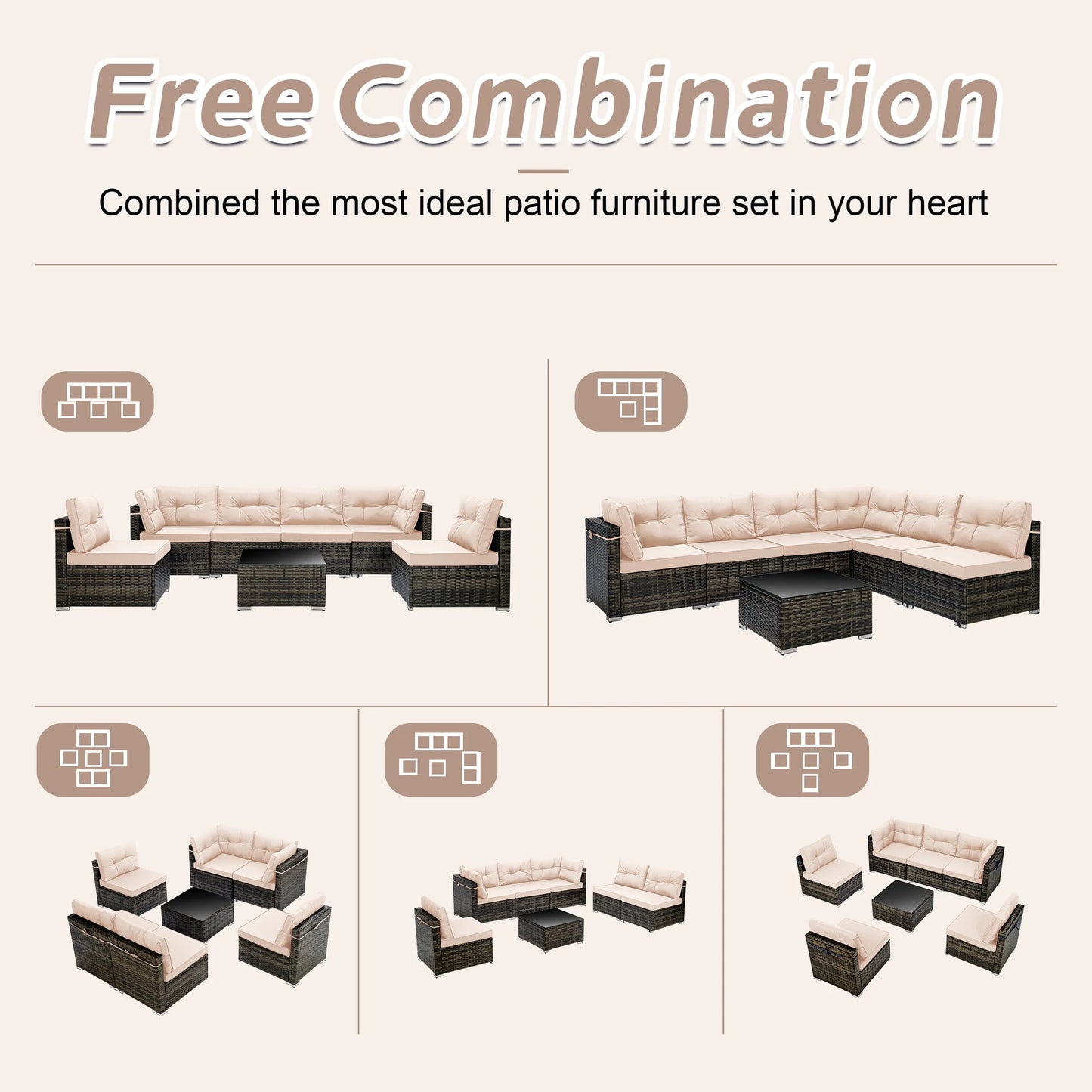 7 Piece Rattan Sectional Sofa Set, Outdoor Conversation Set, All-Weather Wicker Sectional Seating Group with Cushions & Coffee Table, Morden Furniture Couch Set for Patio Deck Garden Pool