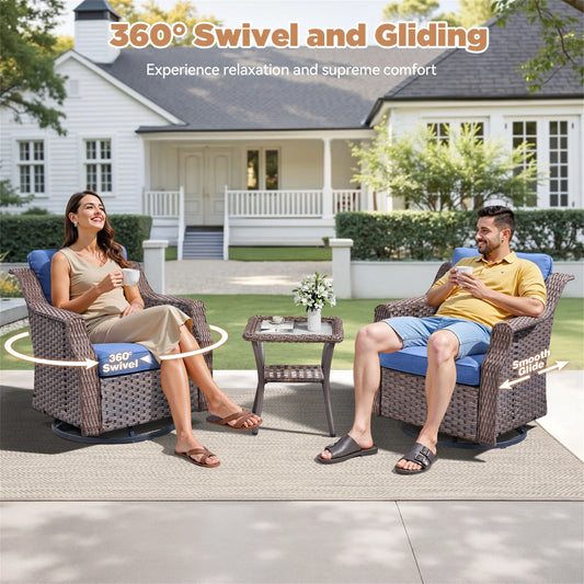 Yeahumalia Outdoor Patio Wicker Swivel Rocking Chair Glider Set of 2 with Side Table for Porch Balcony Backyard, Blue Cushions
