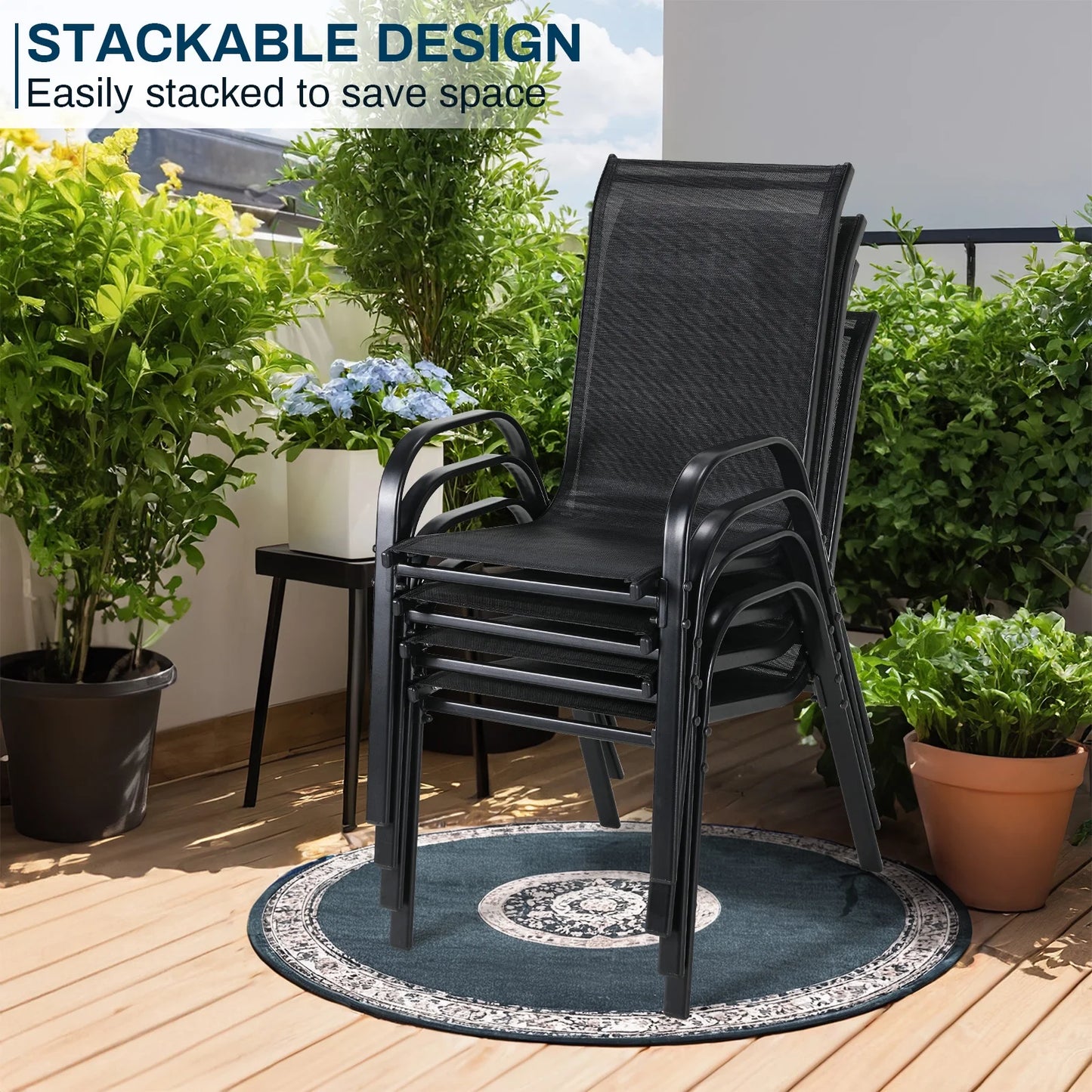 LAZY BUDDY Patio Chairs Set of 4, Stackable Outdoor Dining Chairs, Heavy Duty Breathable Chairs for Backyard, Garden, Lawn 330lbs