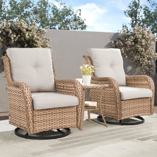 POCASSY 3 Piece Patio Set Outdoor Wicker Glider Rocking and Swivel Chairs with Cushions