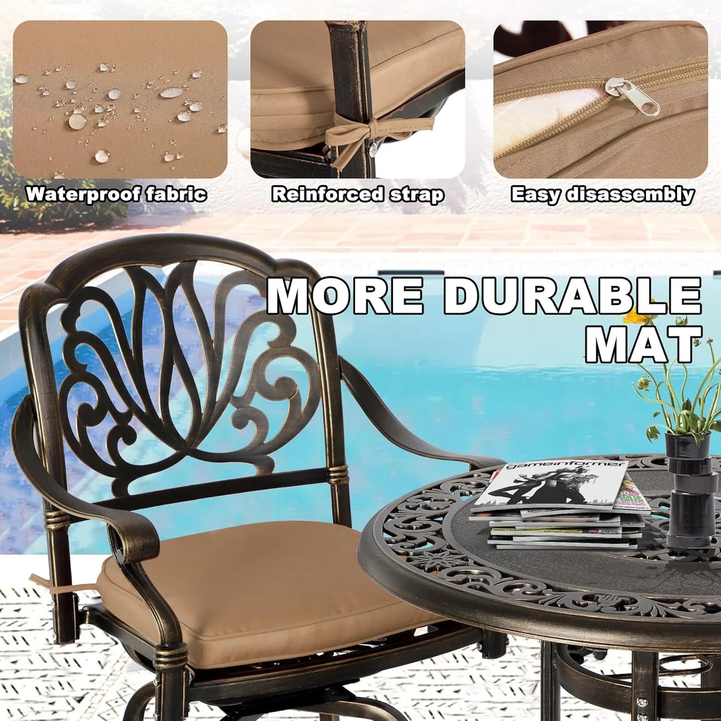 Magic Union Outdoor Cast Aluminum Swivel Bar Stools Set of 2, Patio Height Bartools Chairs, 2 Piece Patio High Dining Bistro Chairs for Garden Backyard (Without Cushion)