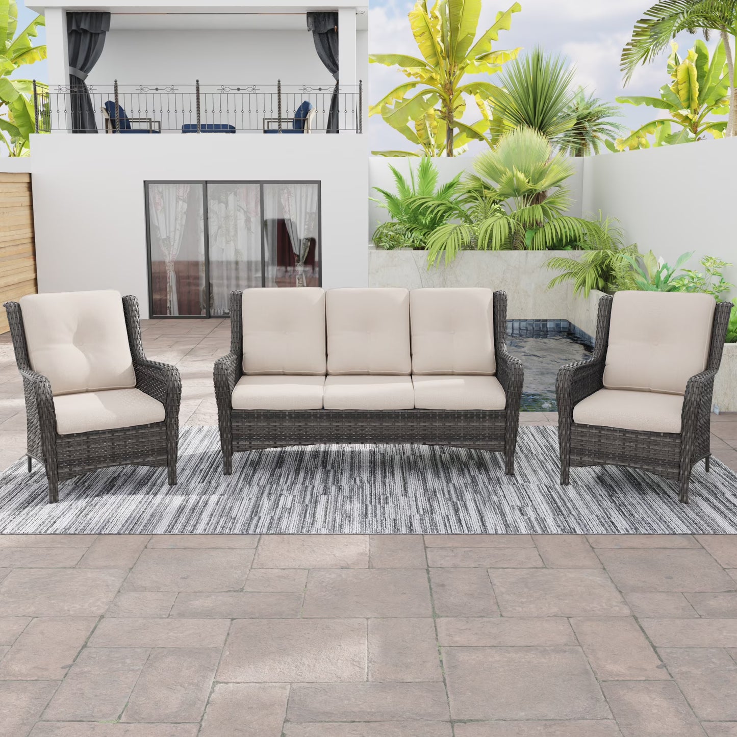 MeetLeisure 3 Pieces Outdoor Furniture Patio Furniture Set with One 3-Seat Sofa, Two ArmChairs, Navy