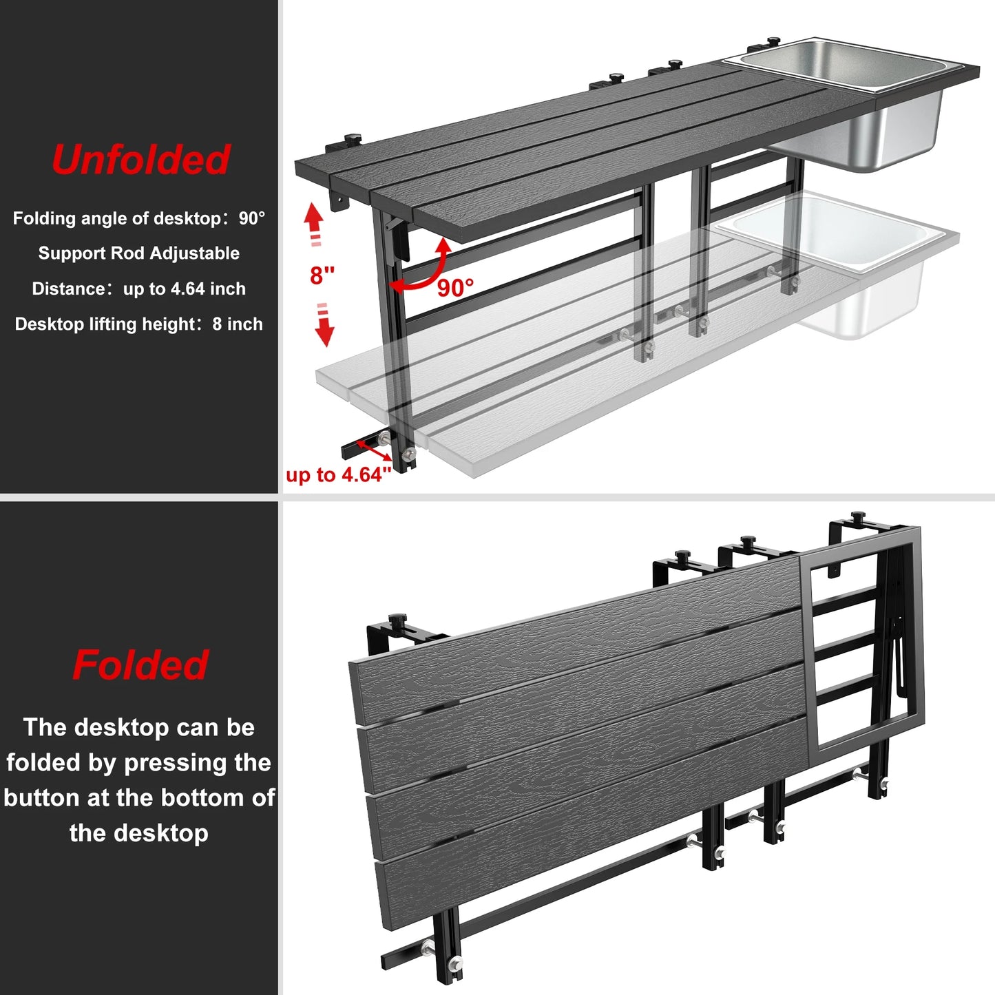 GDLF 43.5" Rectangular Adjustable Wood-Plastic Patio Bar Table with Folding Feature, Brown