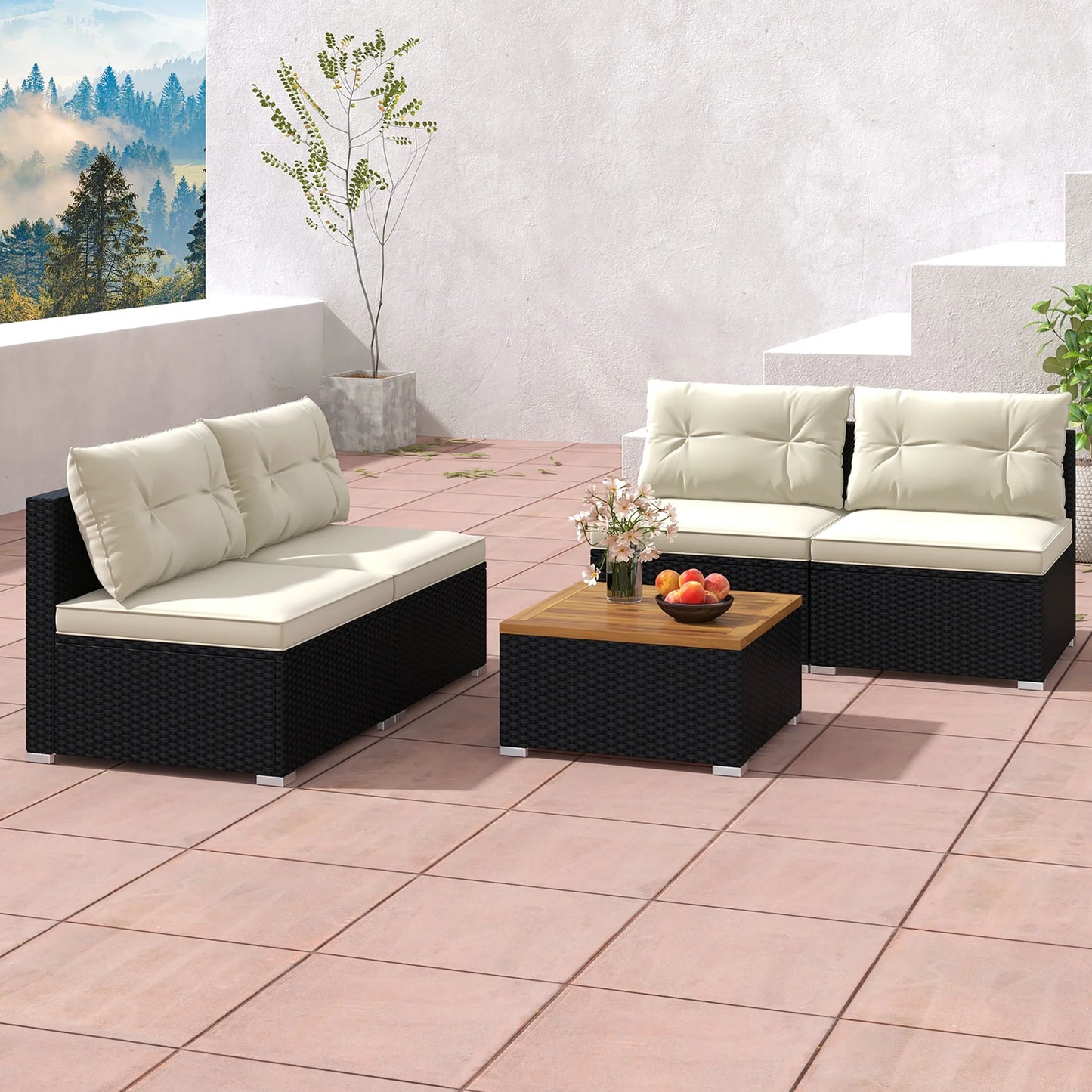 Gymax 5PCS Rattan Patio Conversation Sofa Set Outdoor Furniture Set w/Off White Cushions