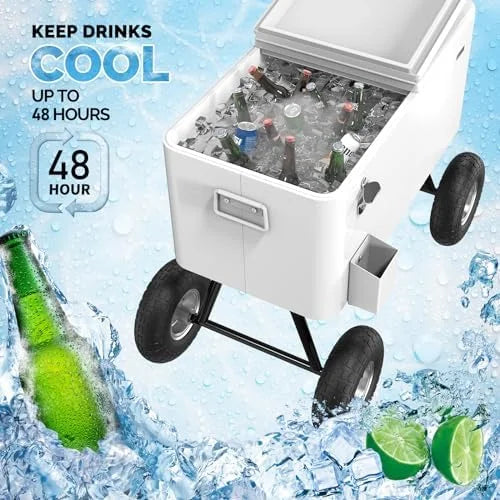 80 Quart Wagon Rolling Cooler Ice Chest,/Long Handle and 10" Wheels, Portable Beach Patio Party Bar Cold Drink Beverage, Outdoor Park Cart on Wheels