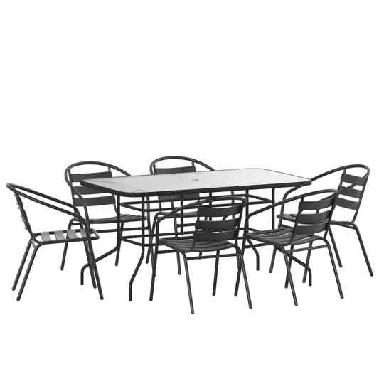 Emma + Oliver 7 Piece Patio Table & Chairs Set with 31.5"x55" Rectangular Metal Table with Tempered Glass Top and 6 Black Aluminum Stacking Chairs