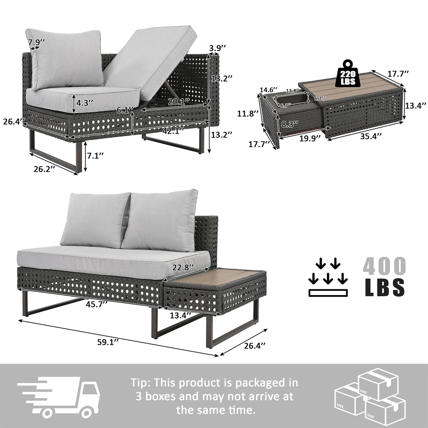 6-Piece Outdoor Sectional Furniture Set for Patio, Expandable Coffee Table w/Ice Bucket & Collapsible Seat, Deep Cushions - Khaki
