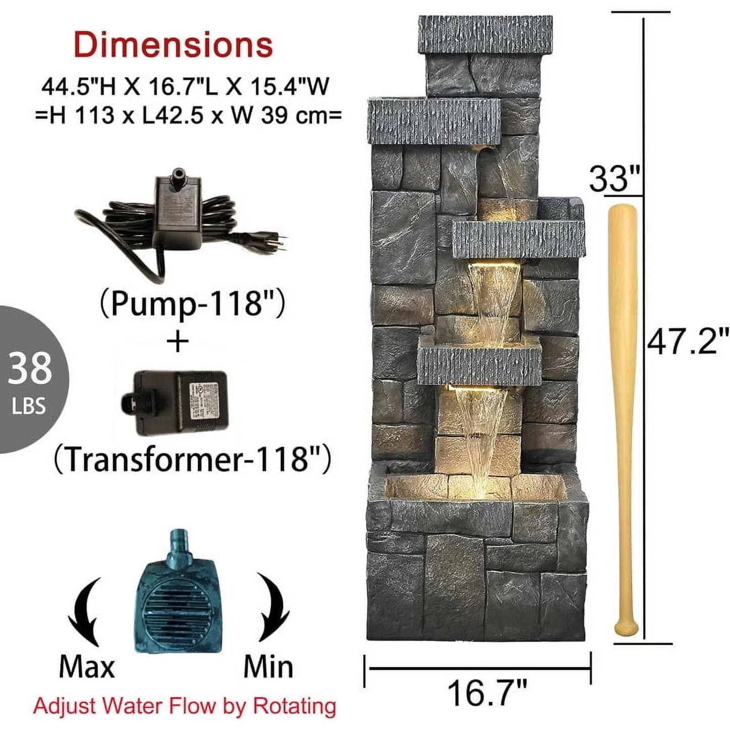 44.5 Inches Modern Fountain 4 Tired Floor Standing Outdoor Fountain with Lights Pump for Garden Patio Backyard Porch Home Art Decor