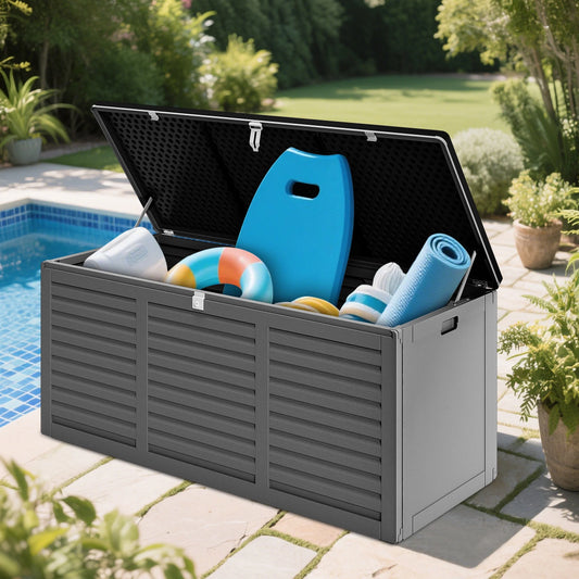 130 Gallon Resin Deck Box, Outdoor Lockable Storage Container for Patio Cushions, Garden Tools, Pool Supplies, Toys, Waterproof and UV Resistant, Reinforced Rib Design, Gray