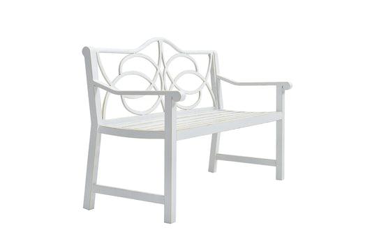 Royard Oaktree Outdoor Patio Bench, Garden Bench with Iron Metal Steel Frame, Backrest, and Armrests, Park Bench with Slatted Seat for 2-3 People for Lawn, Yard, Balcony, Porch, White