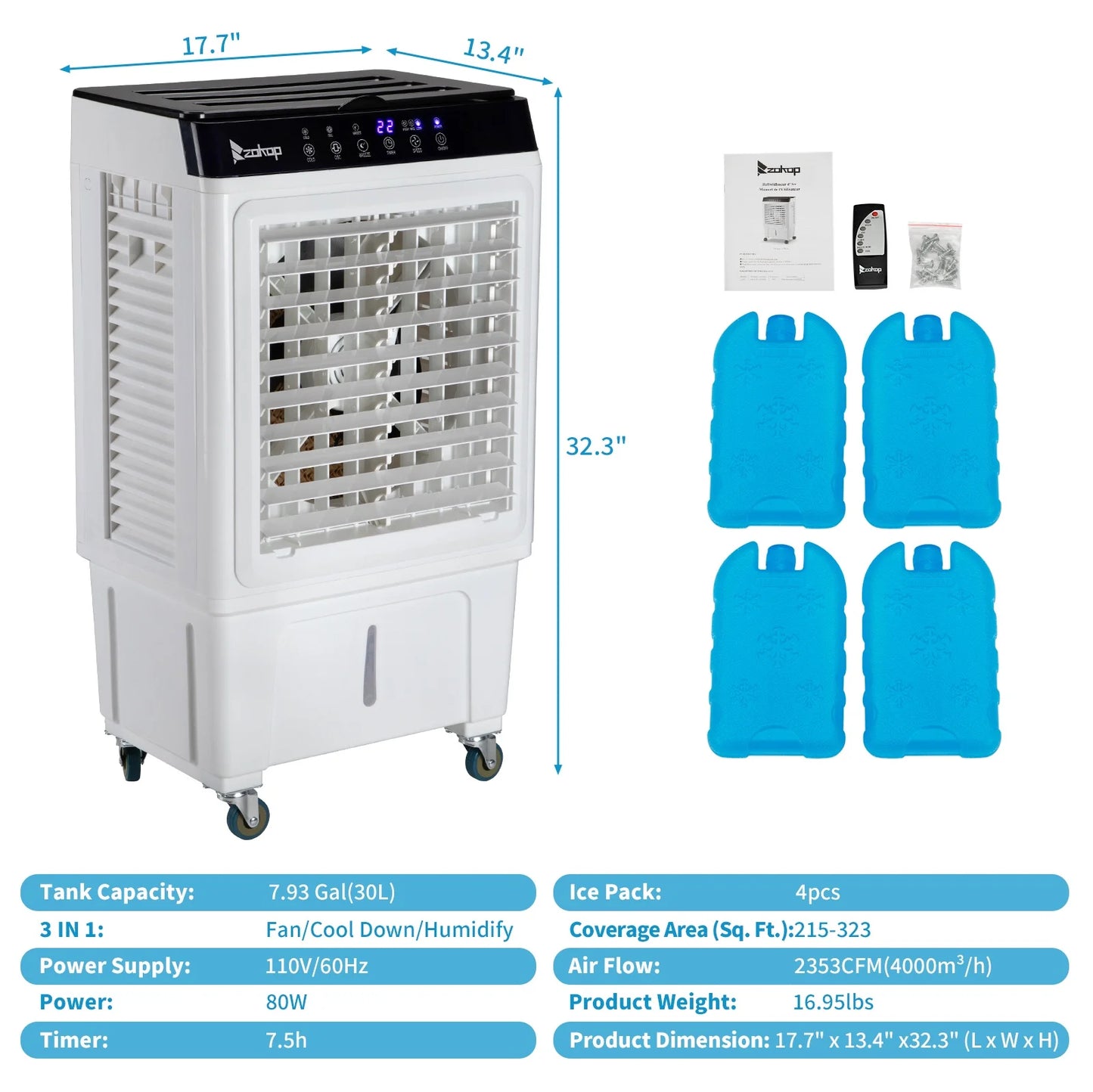 Evaporative Air Cooler, 2353CFM Portable Cooling Fan w/Humidifier, Indoor Outdoor Swamp Cooler for Home Patio, 7.9GAL Water Tank, 4 Ice Packs, 3 Speeds, 90?Swing