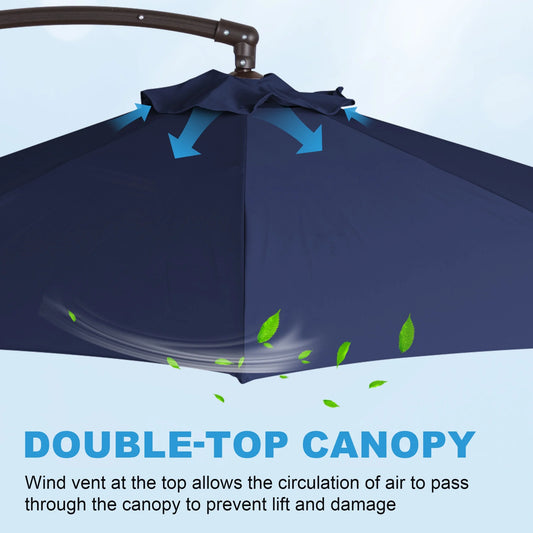JUSTLET 10FT Arched-Pole Cantilever Hanging Patio Umbrella with baseNavy Blue
