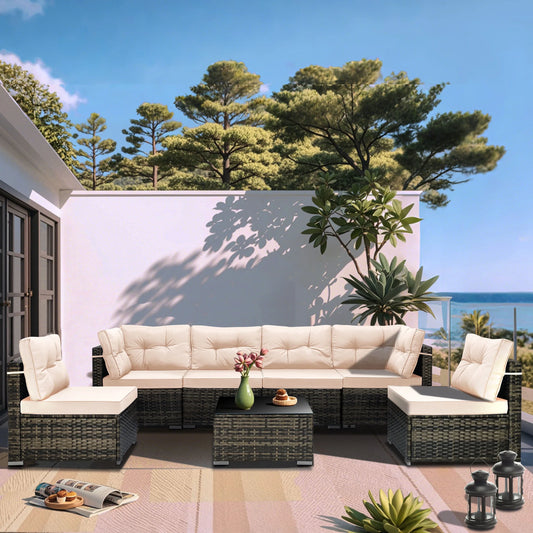 7 Piece Rattan Sectional Sofa Set, Outdoor Conversation Set, All-Weather Wicker Sectional Seating Group with Cushions & Coffee Table, Morden Furniture Couch Set for Patio Deck Garden Pool