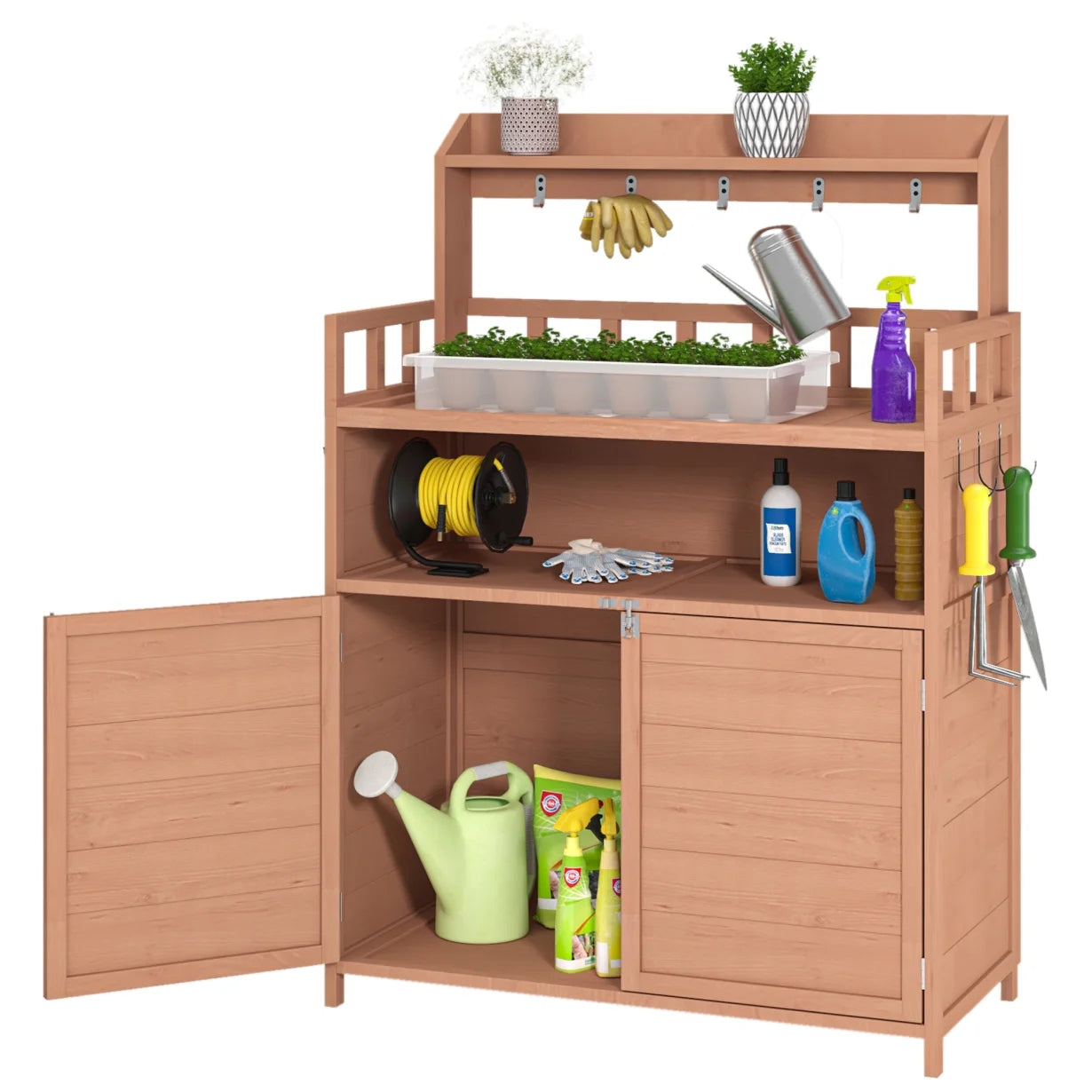 Solid Fir Wood Potting Bench Table with Storage Cabinet & Top Shelf Hooks for Outdoor Gardening, Patio & Mudroom Workstation
