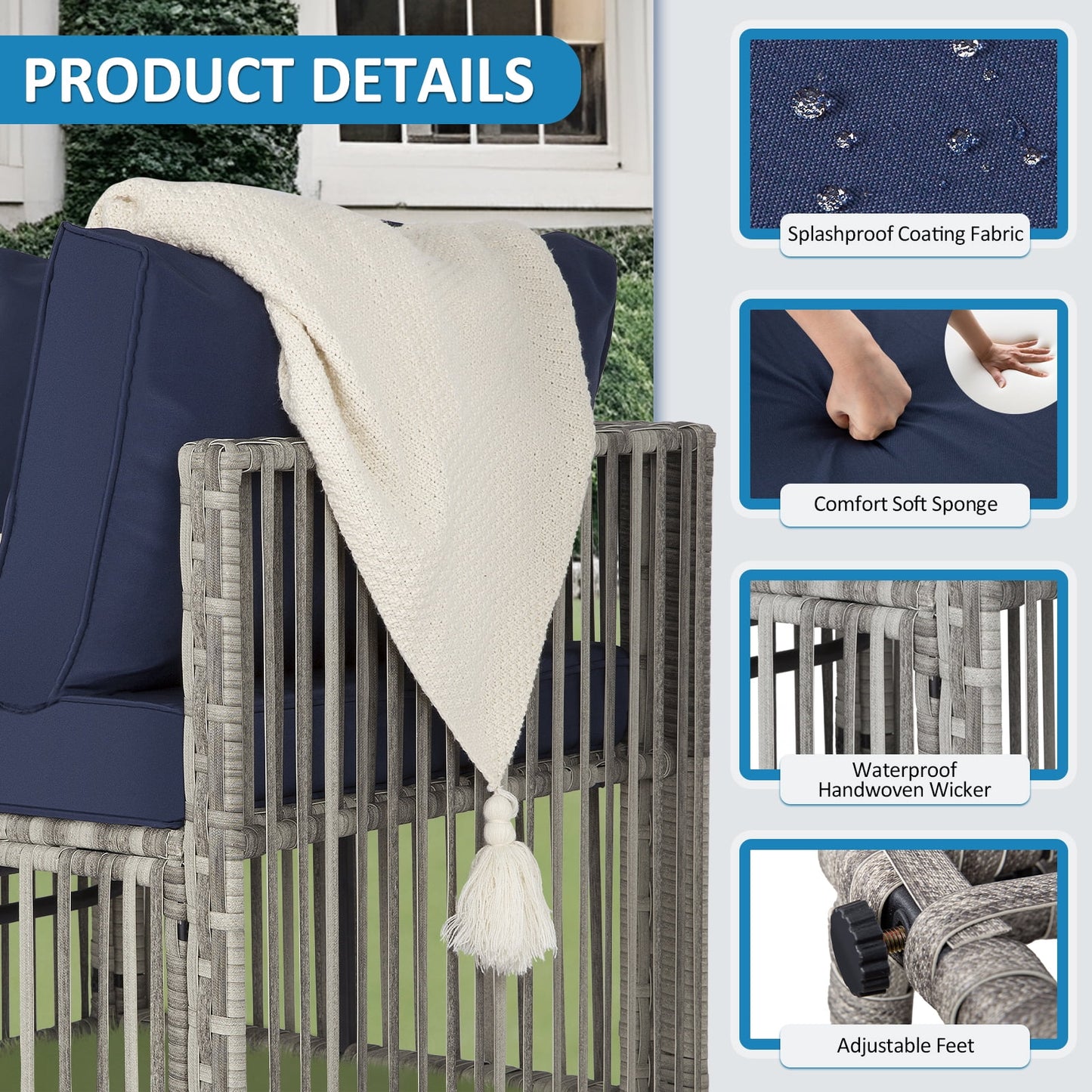 7 Pieces Outdoor Patio Furniture Set, Wicker Outdoor Sectional Conversation Couch Set with Adjustable Backrest Sofa, Cushions & Coffee Table for Outside,Garden,Deck,Gray Wicker/Gray Cushions