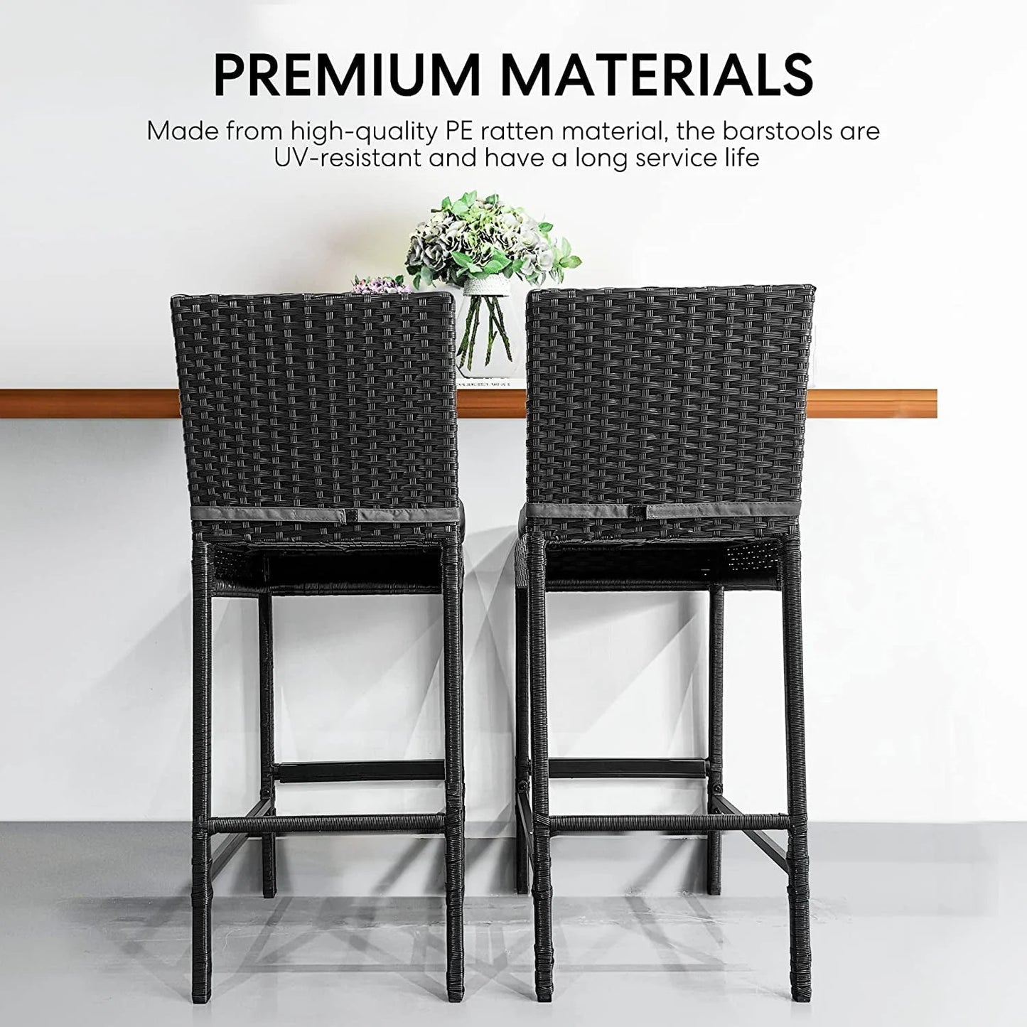 VIVOHOME Outdoor Wicker Bar Stools Set of 2, Patio Rattan Furniture with Cushions, Black