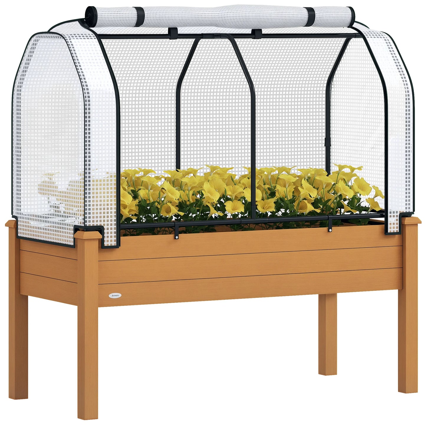 Outsunny Raised Garden Bed with PE Greenhouse Cover Outdoor Elevated Wood Planter Box for Herbs, Vegetables, for Patio, Backyard, Balcony, Brown