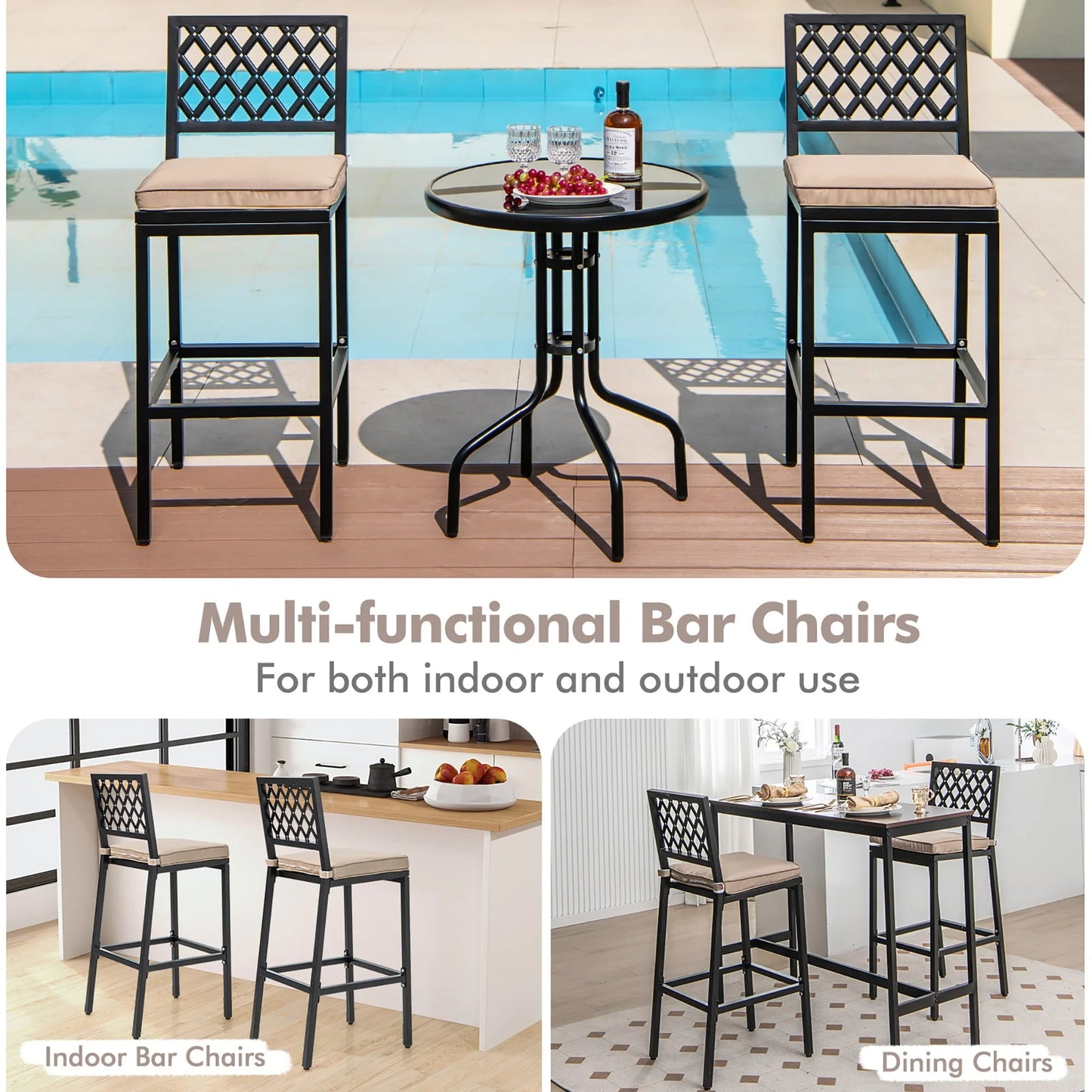 Costway Set of 2 Outdoor Bar Height Dining Chairs Patio Metal Bar Stools with Cushion