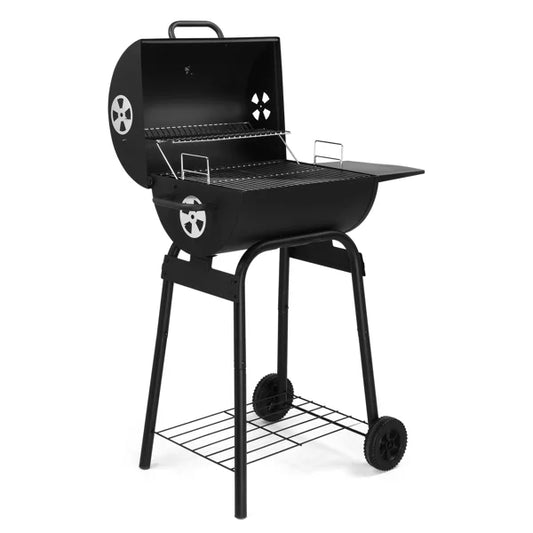 34" Barrel Charcoal Grill with Side Table & Wheels - High-Temp Powder Coated Outdoor BBQ for Backyard, Camping, Patio & Party Cooking