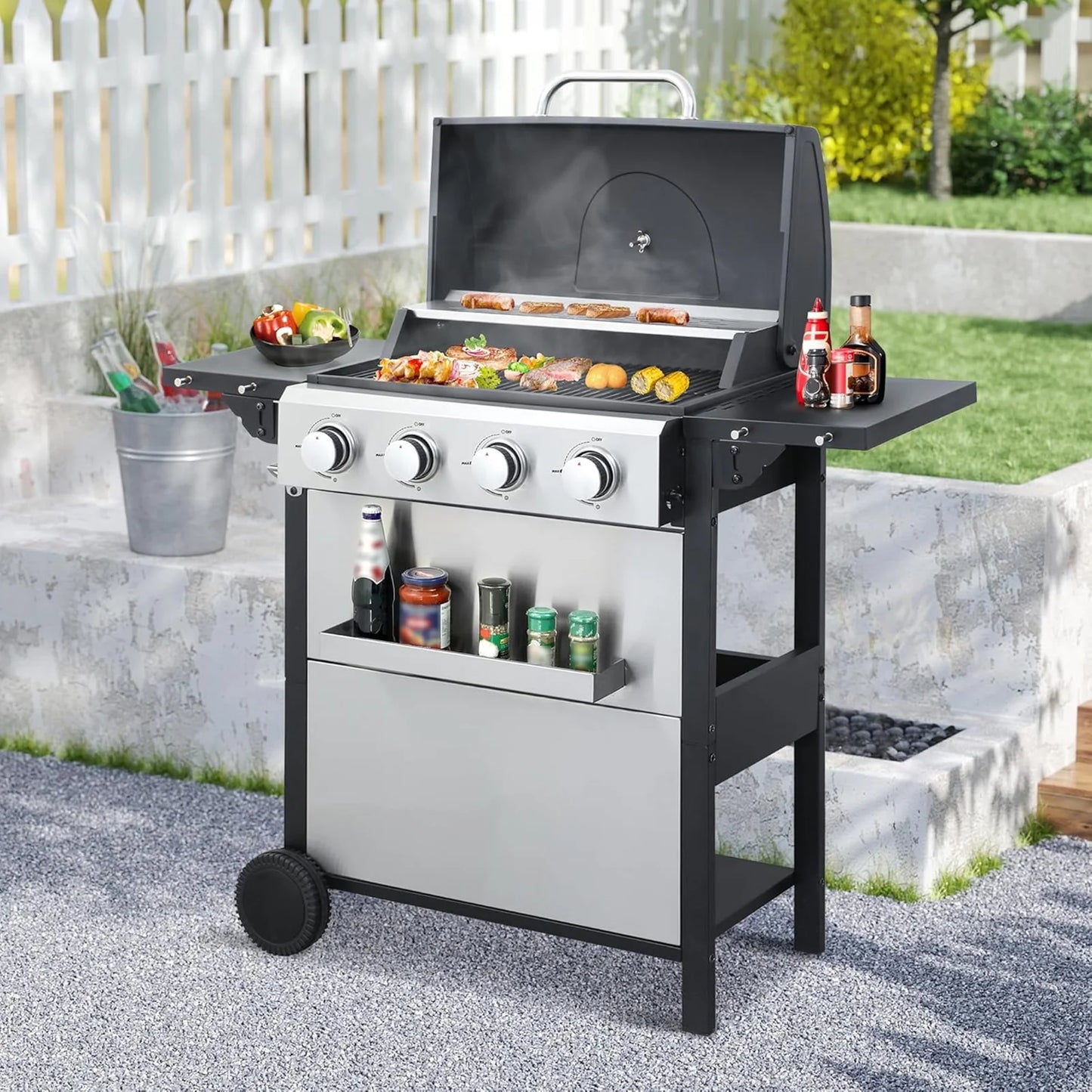 4-Burner Propane Gas BBQ Grill with Side Burner, Stainless Steel Gas Grill with Rain Cover, 40,500 BTU High-Output, Built-in Thermometer for Outdoor, Backyard, Patio BBQ Cooking
