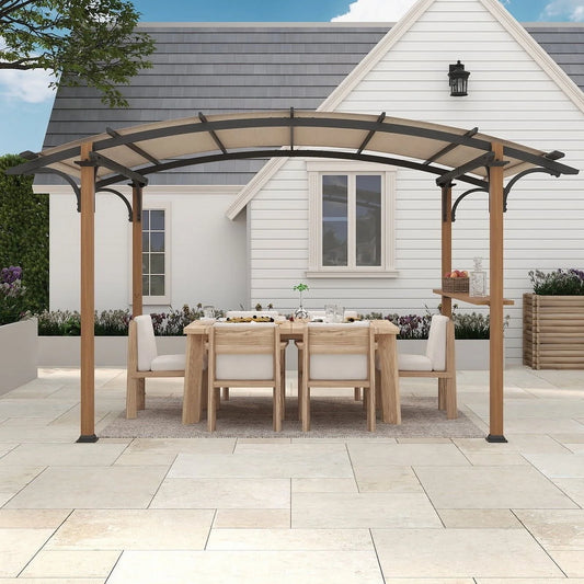 GAZEBETER 8.5 ft x 13 ft Outdoor Pergola with Arched Canopy,Natural Wood Looking Finish and Tan Shade for Backyard,Garden,Patio,Barbecue,Beige