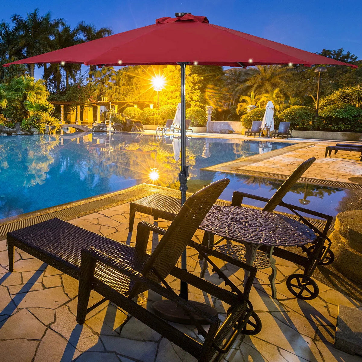 Costway 9ft Patio Solar Umbrella LED Patio Market Steel Tilt w/Crank Outdoor (Burgundy)